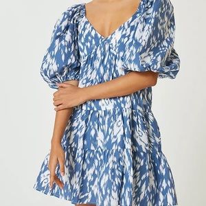 Anthropologie Blue Tassel Floral Tunic Mini Dress Puff Sleeve Sz XXS